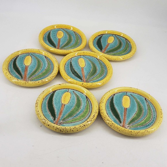 Artesa Mid Century Modern MCM style Hand Painted Glazed Ceramic Coaster Set Of 6 - Picture 1 of 4